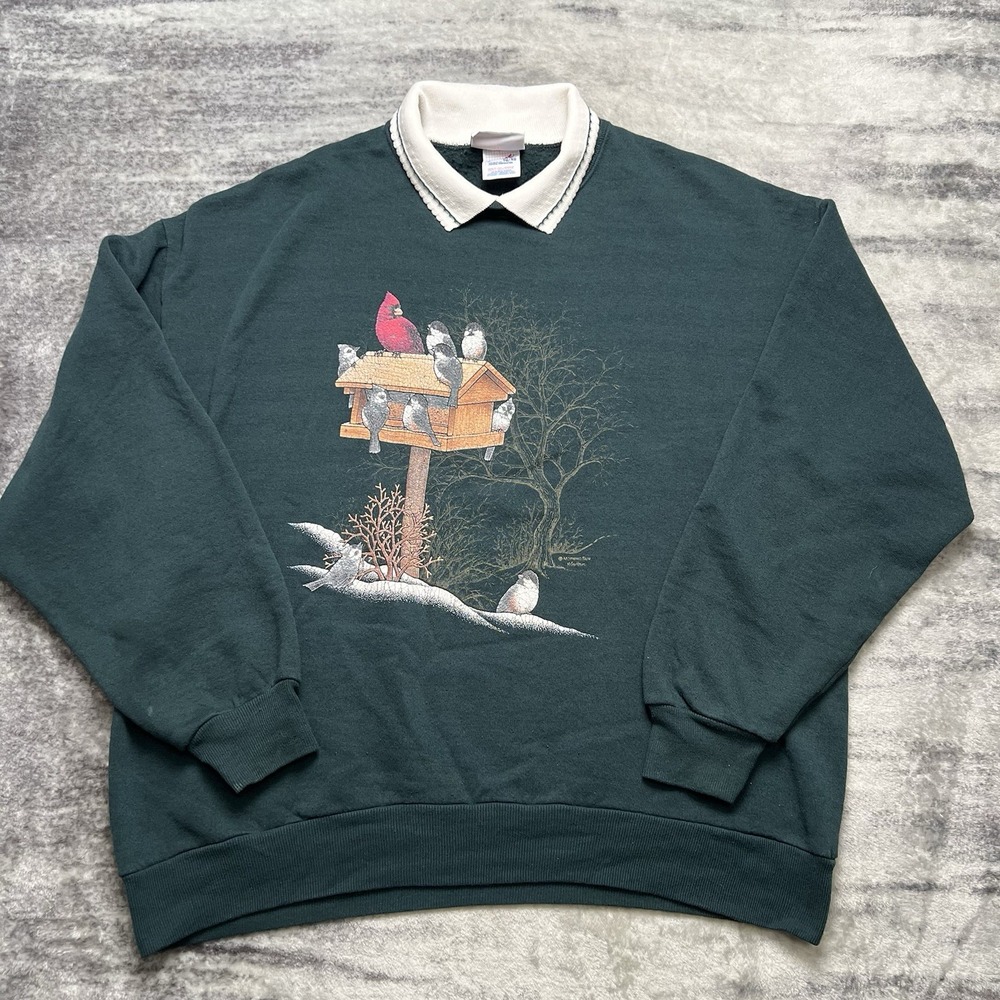 Vintage Morning Sun Bird House Sweatshirt XL USA Made Cozy Cabin Nature 90s